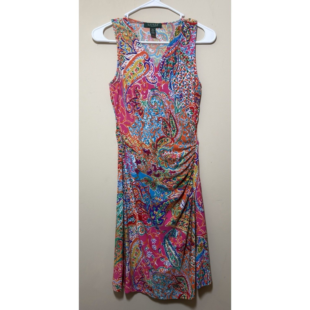 Lauren Ralph Lauren Petite XS Sleeveless Faux Wrap Multicolor Paisley Dress